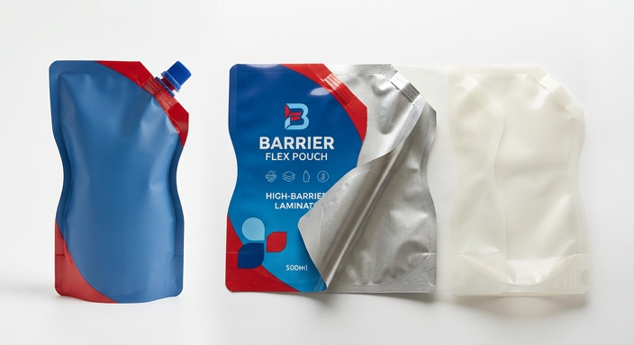 Flexible laminate layers used in a shaped spout pouch
