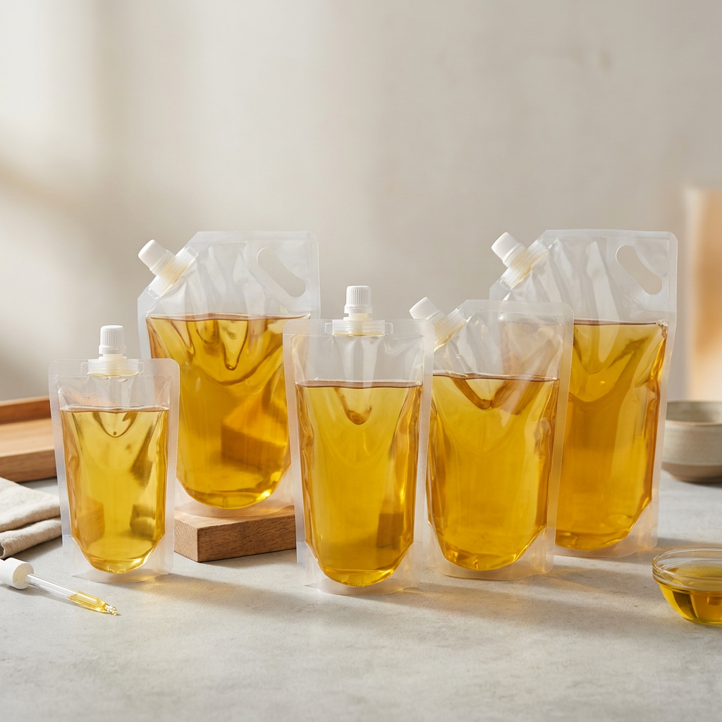 Unbranded edible oil spout pouches in stand-up formats with pouring caps