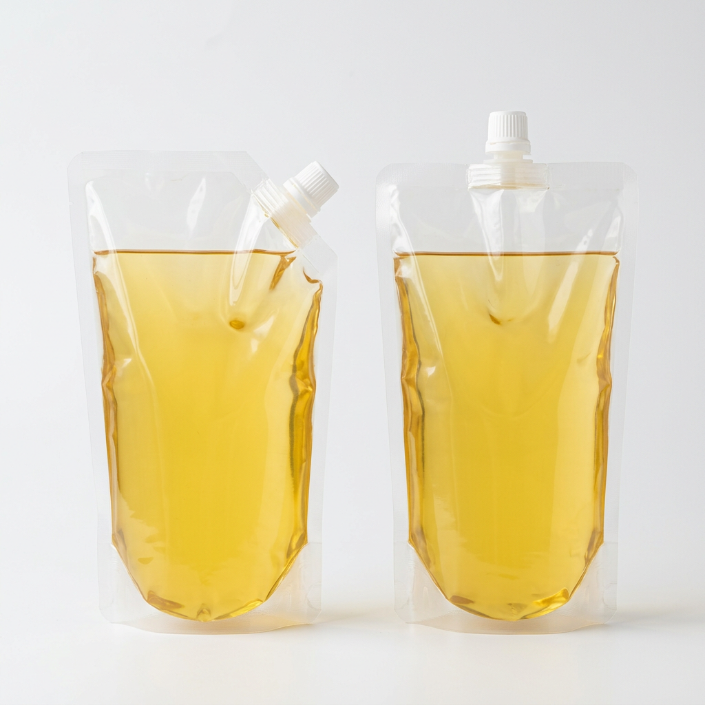 Corner-spout and top-spout pouch formats for edible oil