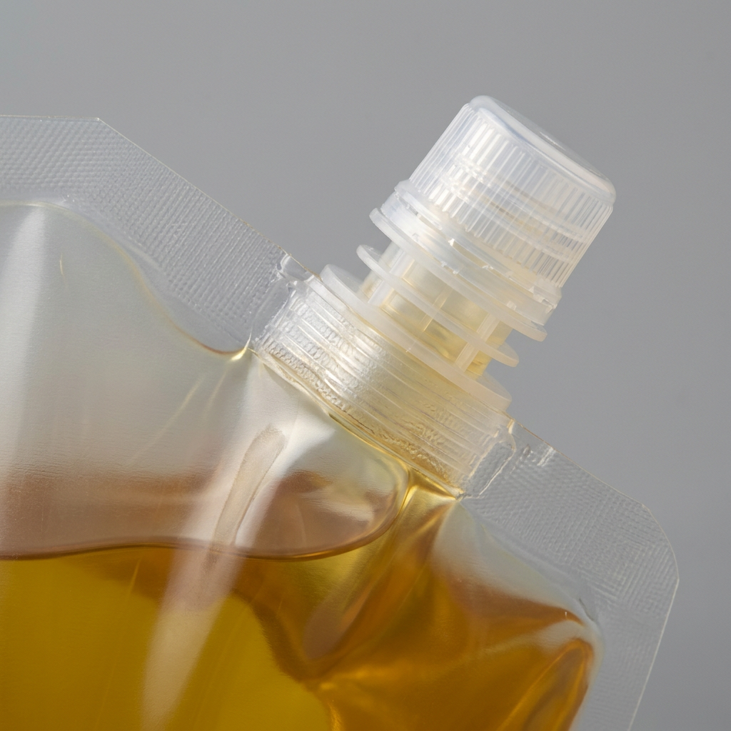 Close view of a spout and screw cap fitment on an edible oil pouch