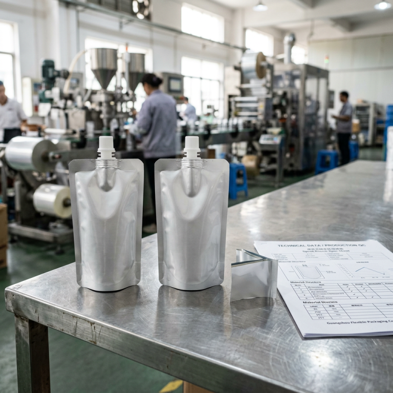 Unbranded food spout pouch and packaging materials prepared for technical review