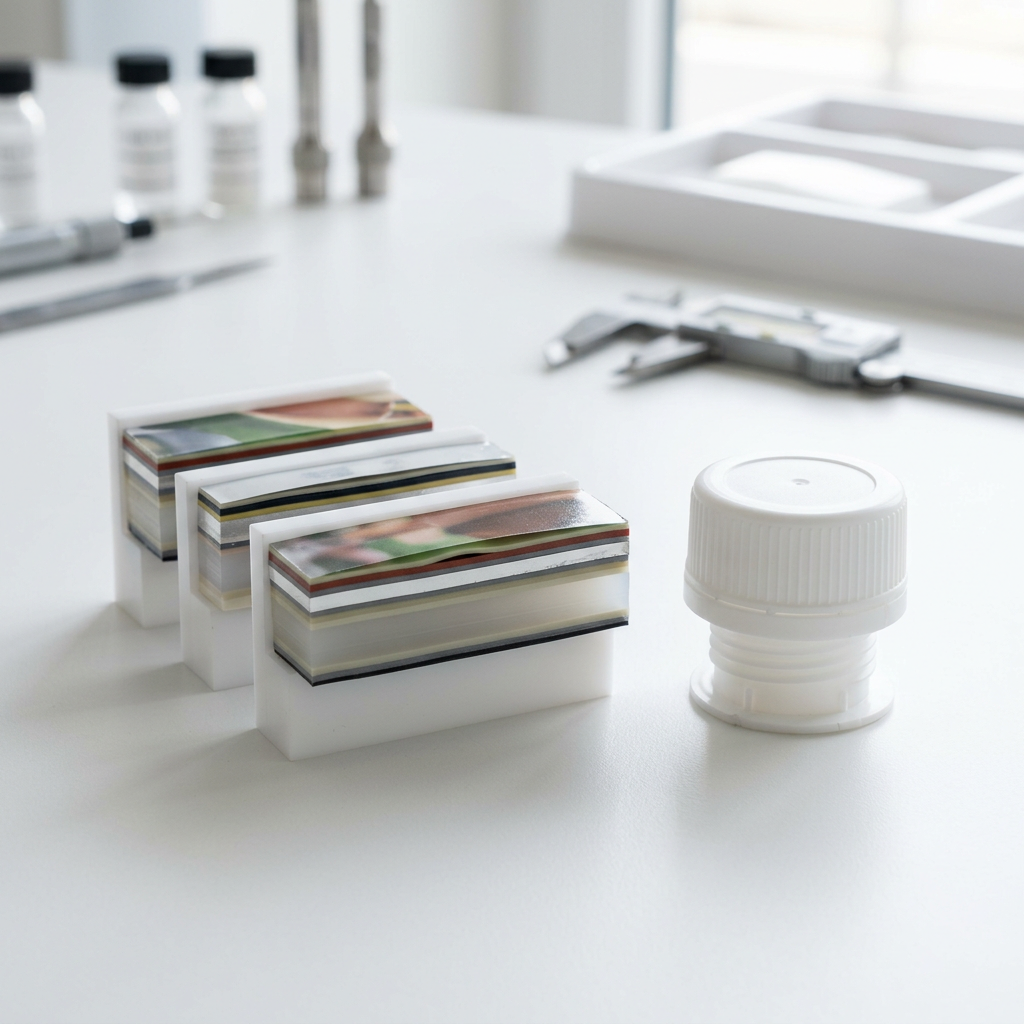 Flexible pouch laminate samples with an unbranded spout and cap