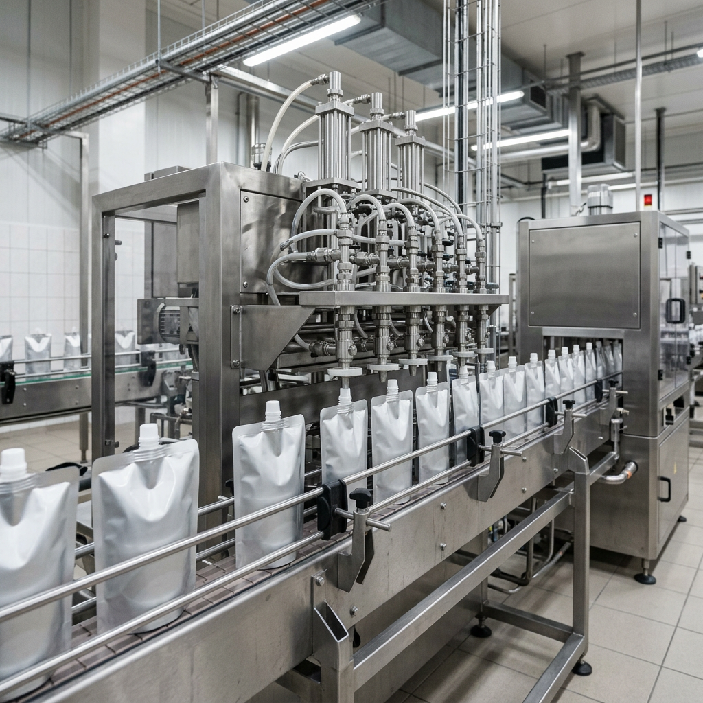Unbranded spout pouches on a food filling line