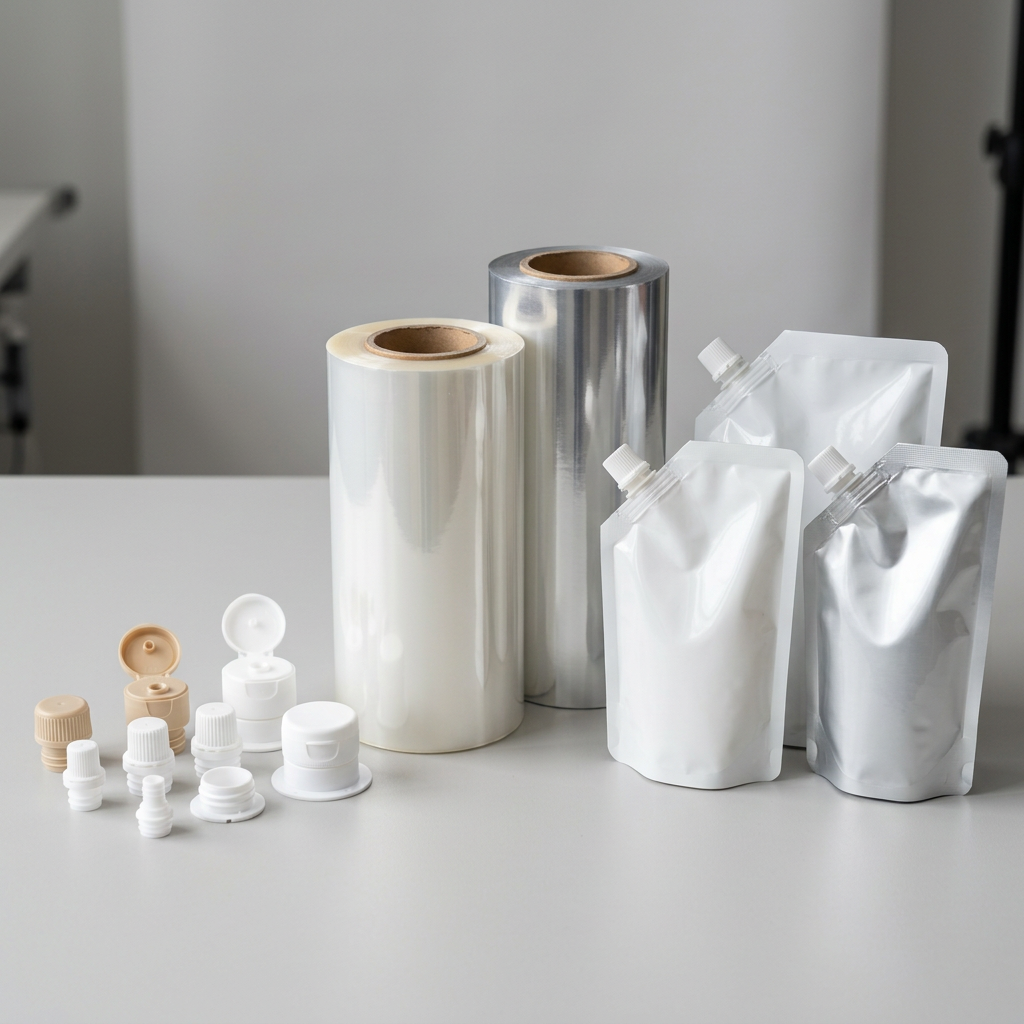 Spout pouch fitments and flexible laminate materials