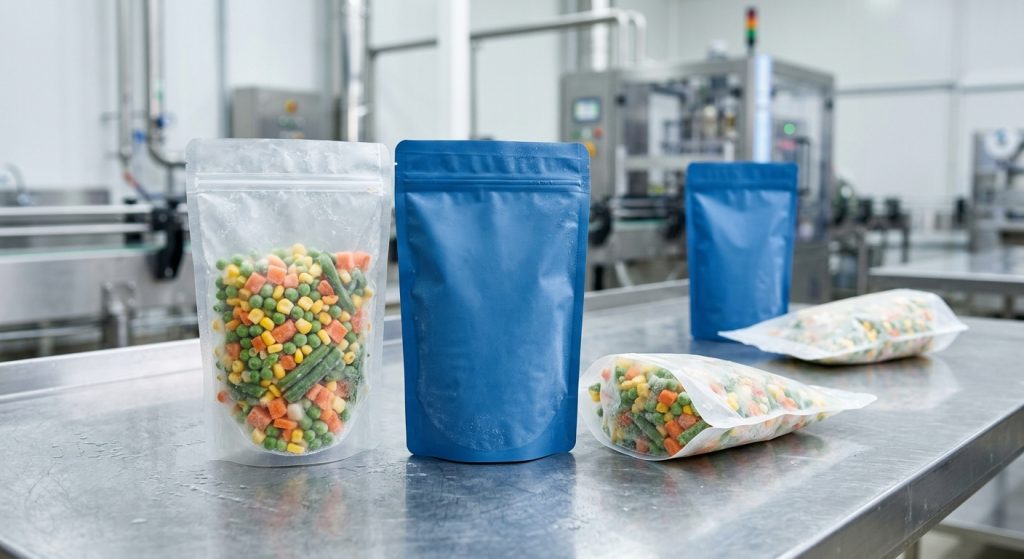 Unbranded frozen food pouches with frozen vegetables on a chilled work surface