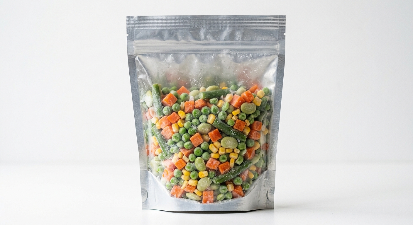 Frozen vegetable pouch showing laminated film and sealed edges