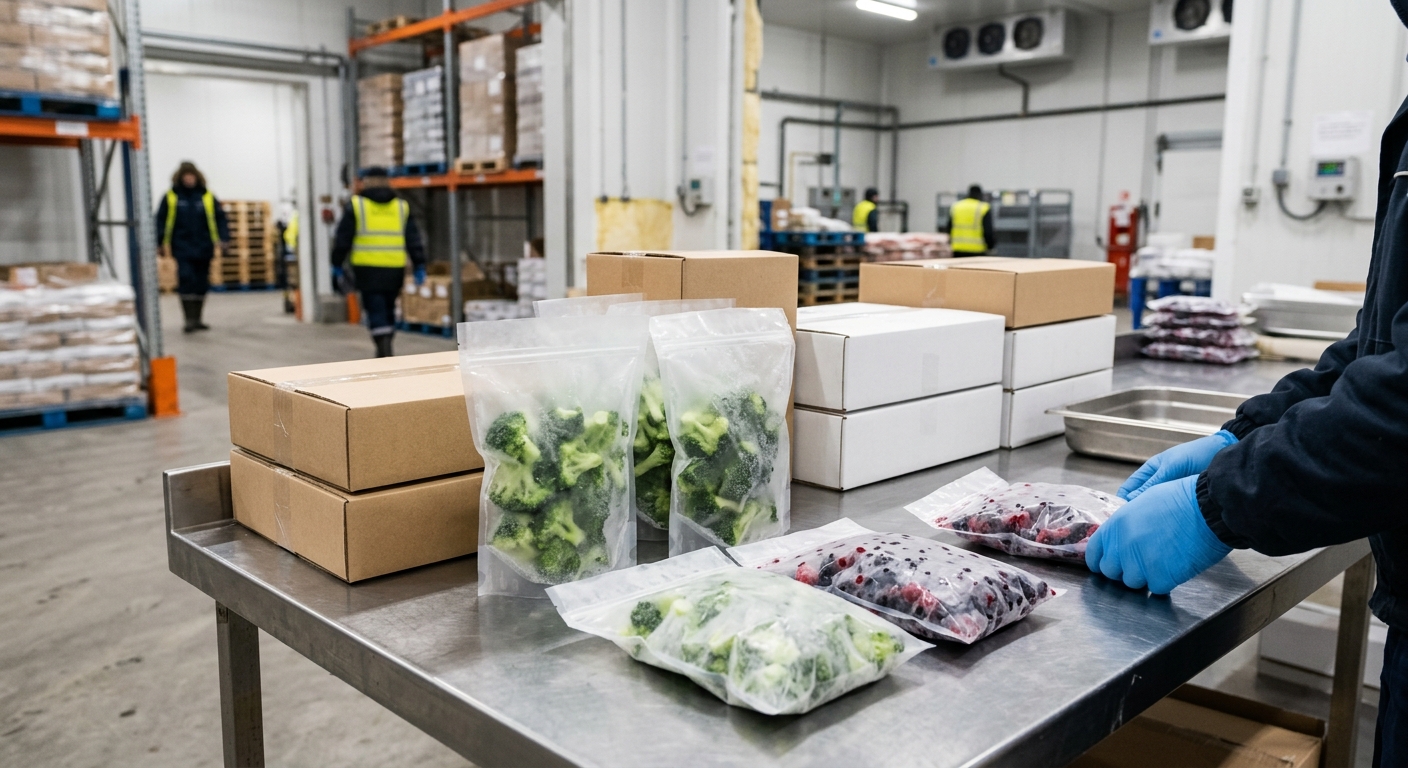 Frozen food products and unbranded pouches prepared for cold-chain packaging assessment