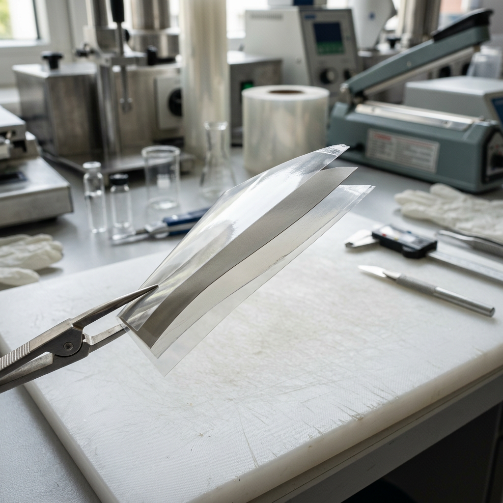 Cutaway view of multilayer flexible film used for frozen food pouches