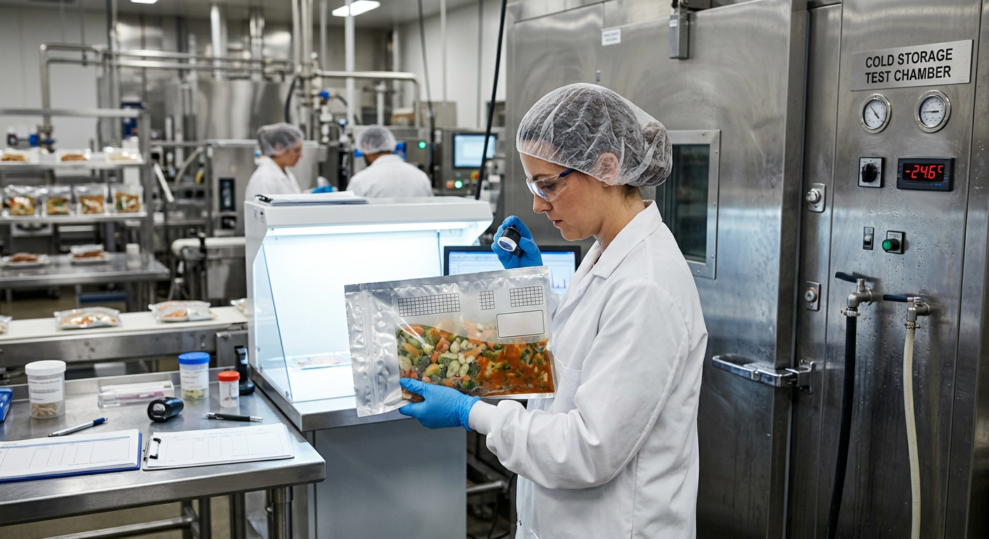Quality inspection of a frozen food pouch seal after cold storage testing
