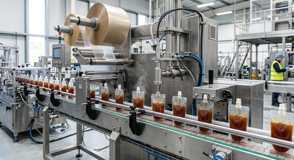 Hot fill spout pouches on a filling and sealing production line