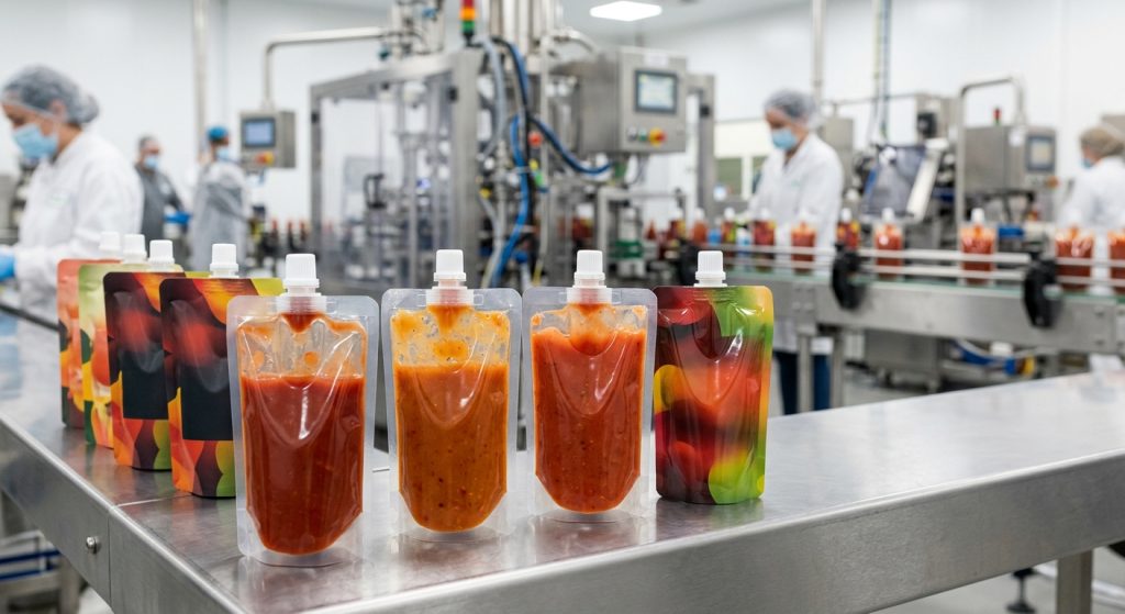 Hot-fill spout pouches with heat-sealed edges and fitments
