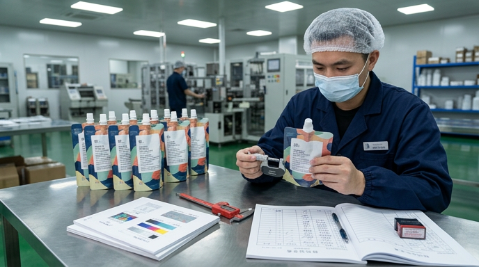 Technician inspecting custom spout pouches and fitments during flexible packaging quality control