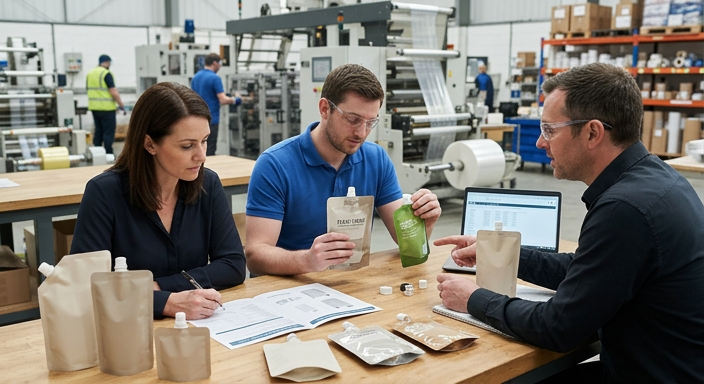 Buyer and packaging engineer reviewing spout pouch samples and specifications