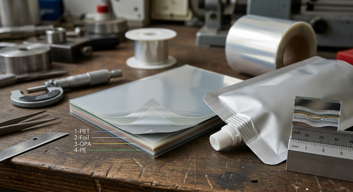 Flexible packaging laminate and seal area used for a spout pouch