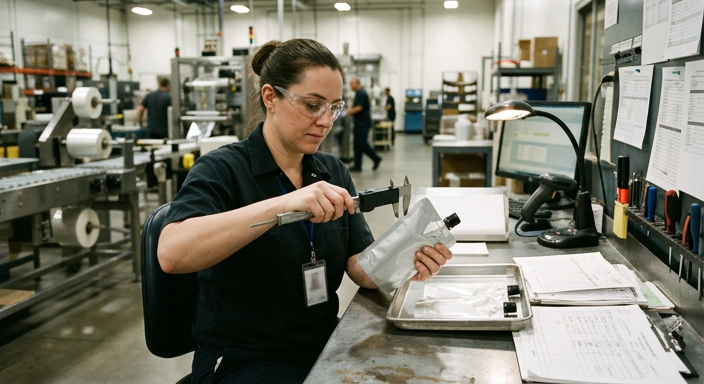 Quality technician checking dimensions and seals on spout pouches