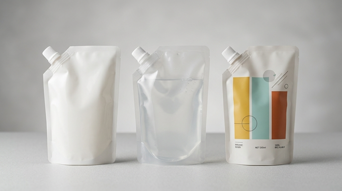 Unbranded mono-material spout pouches with screw-cap fitments