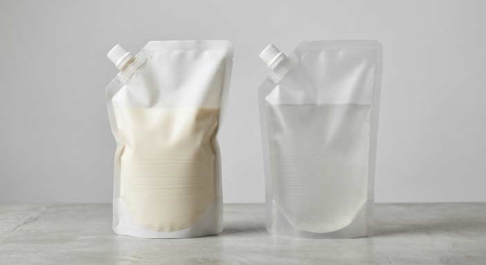 Two flexible spout pouch material constructions shown side by side