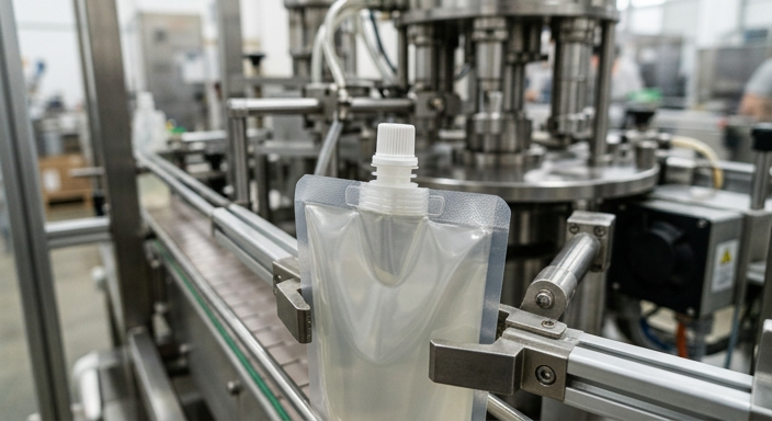 Spout pouch undergoing filling and seal inspection