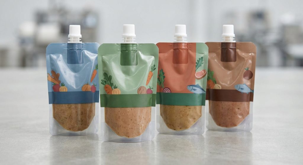 Custom pet food spout pouches with caps for wet pet food