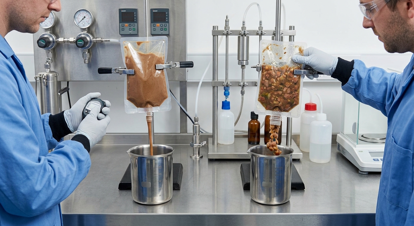 Testing pet food viscosity and particles for spout pouch selection