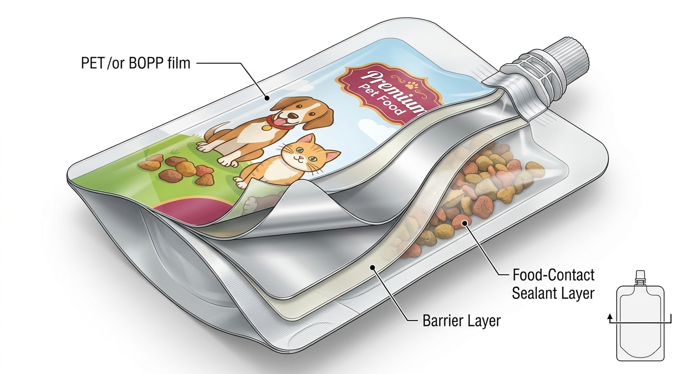 Multilayer film structure used for pet food spout pouch packaging