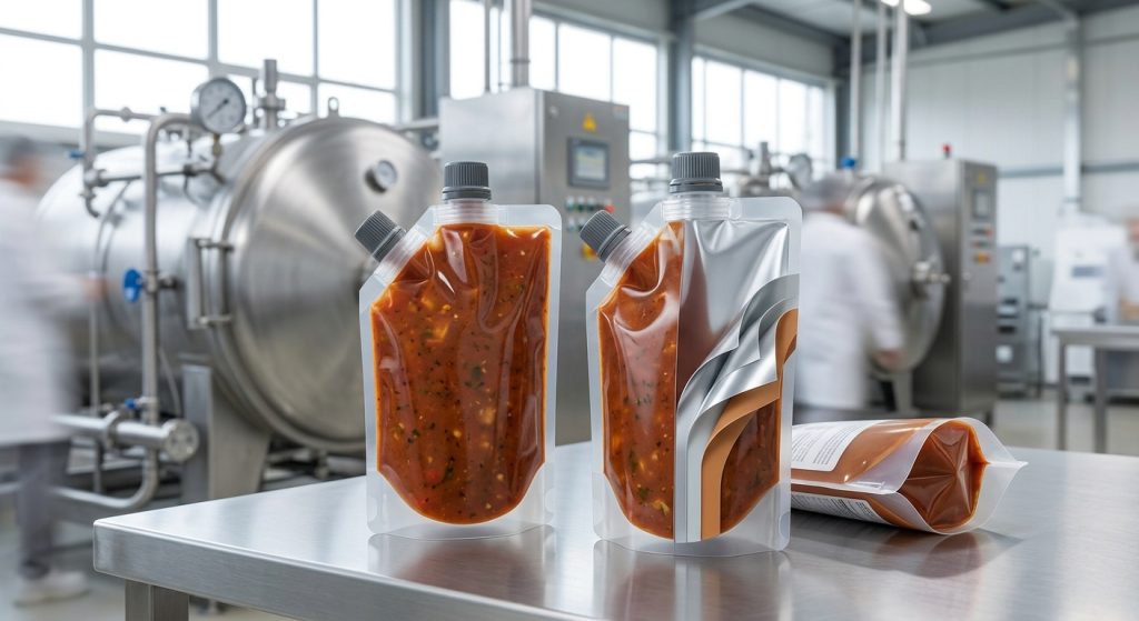 Retort spout pouches and thermal processing equipment