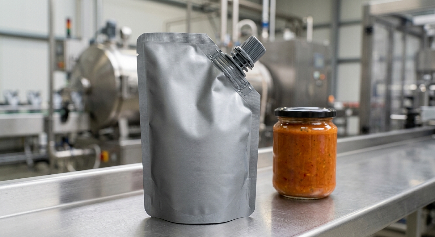 Retortable spout pouch for shelf-stable food packaging