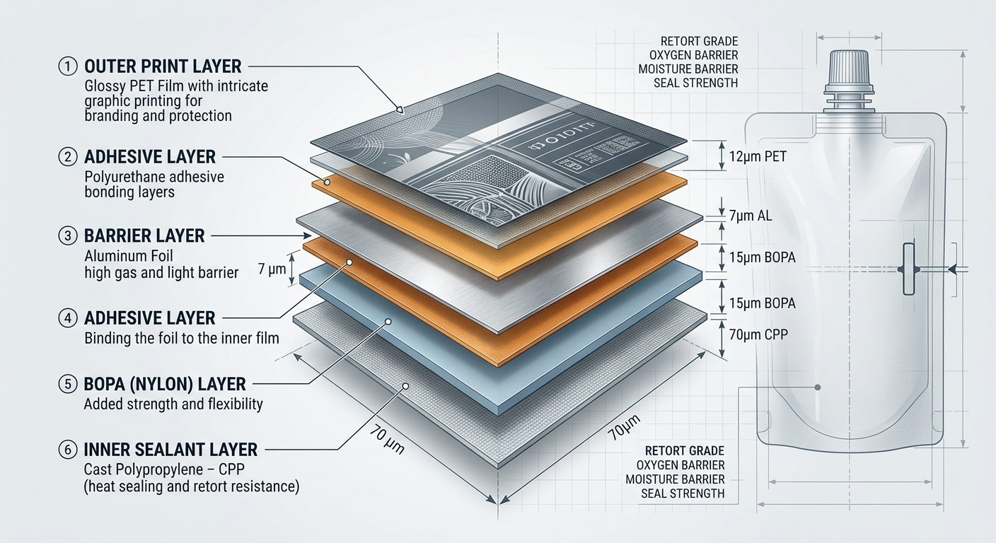 Multilayer retort pouch laminate cross-section
