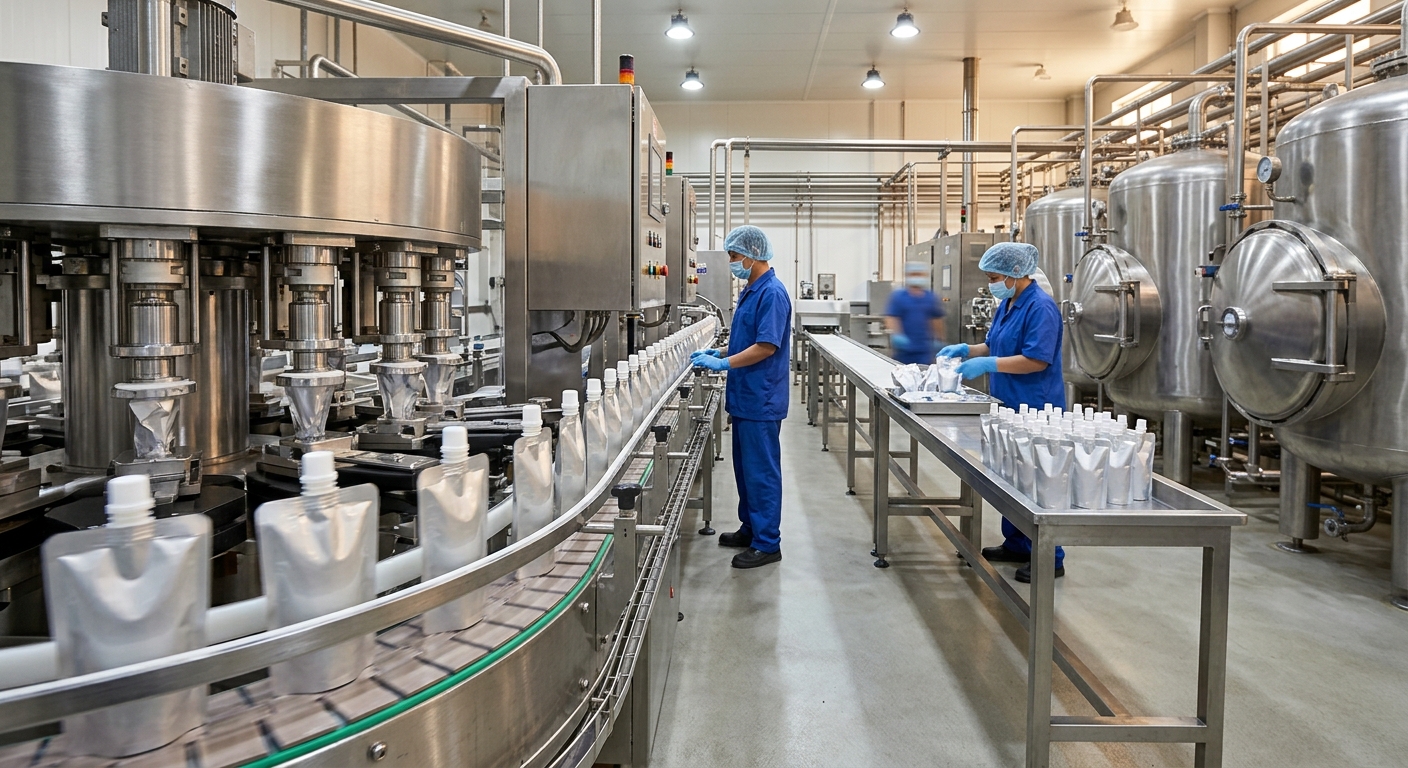 Retort spout pouch filling and processing line