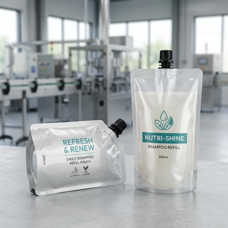 Custom shampoo refill pouches with spouts and caps