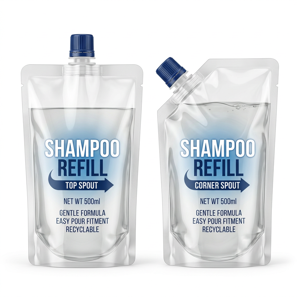 Top and corner spout options for shampoo refill pouches
