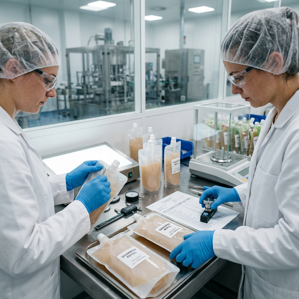 Quality inspection of filled shampoo refill pouches