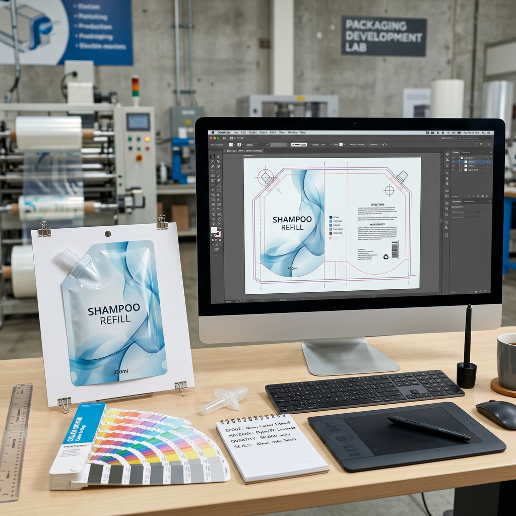 Dieline and artwork planning for a shampoo refill pouch