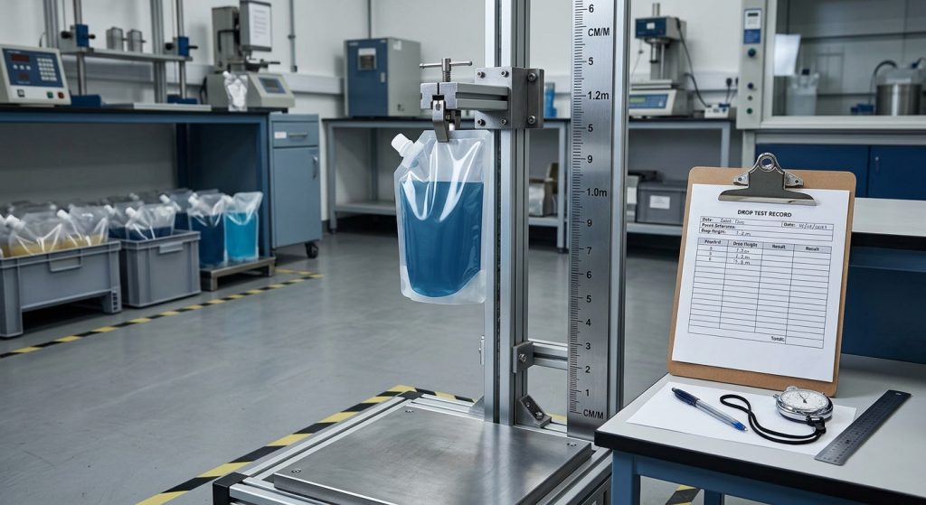 Filled spout pouches prepared for controlled shipping drop testing