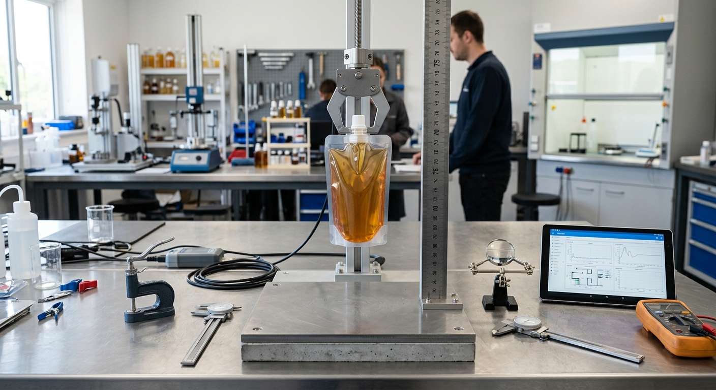 Test setup for evaluating a filled spout pouch after shipping impact