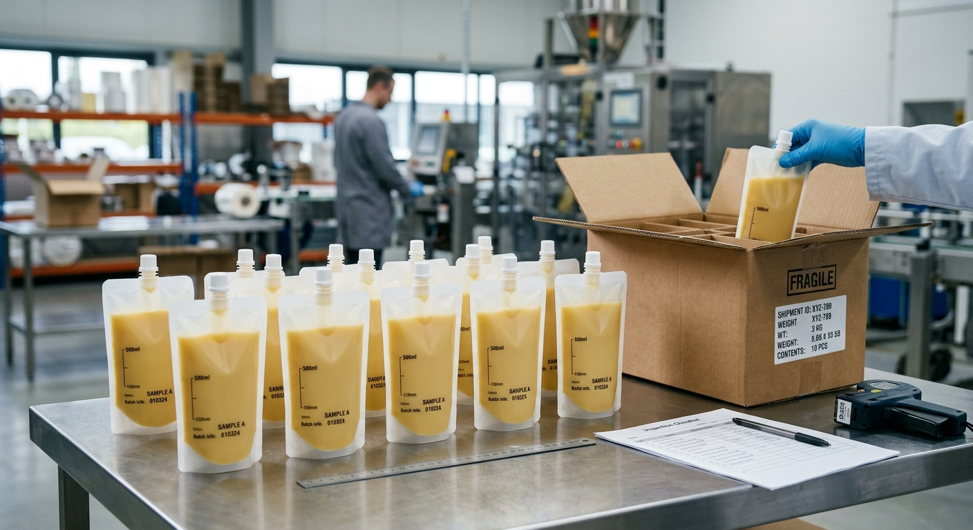 Representative filled spout pouch samples for distribution testing