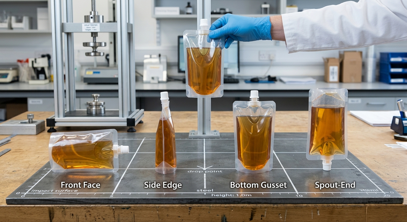 Different orientations considered during spout pouch drop testing