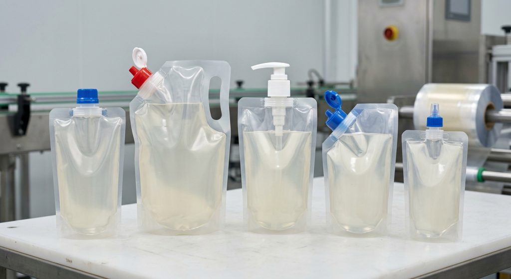 Spout pouch fitments including caps, pumps, and dispensing nozzles