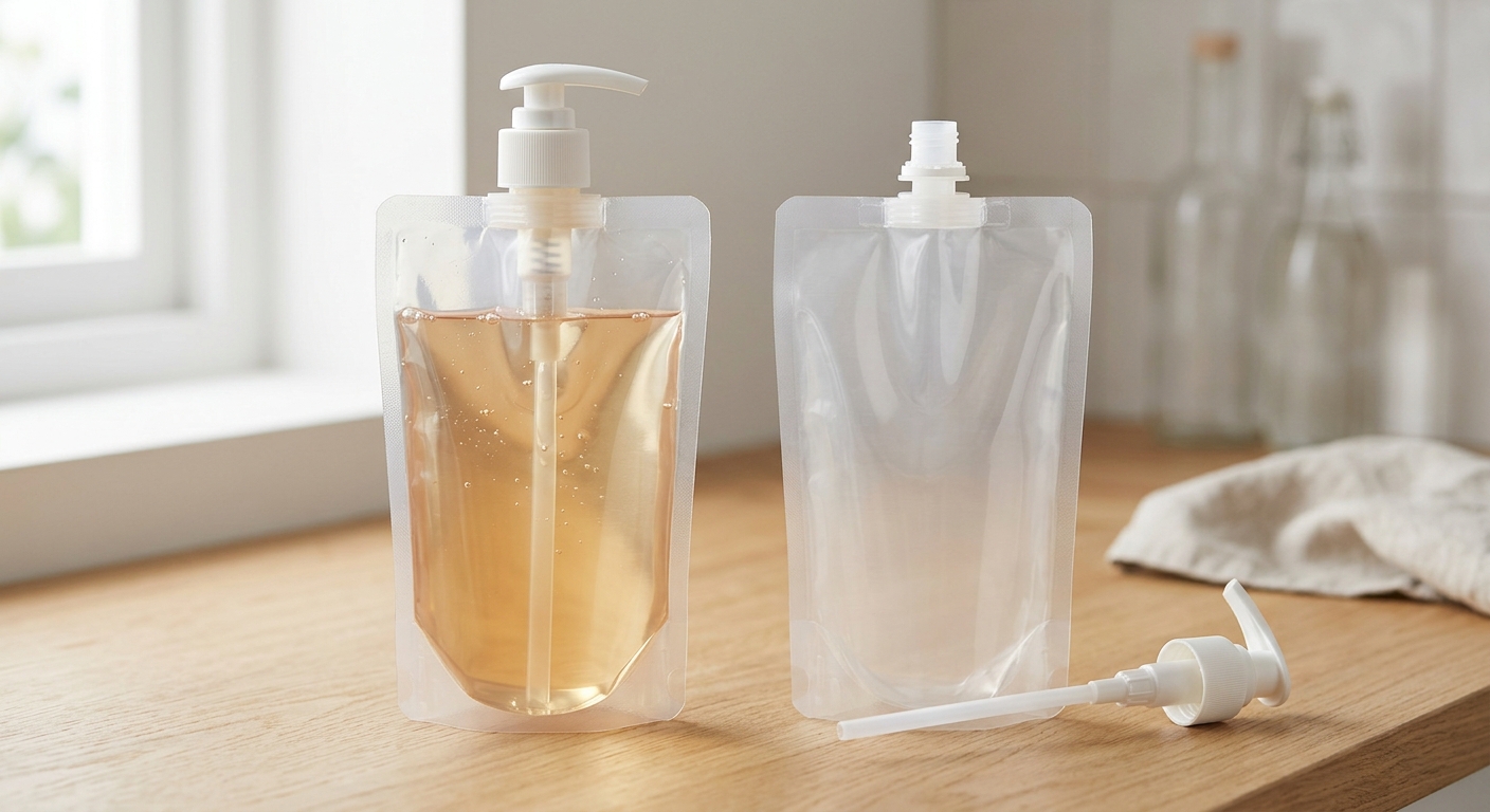 Pump dispenser attached to a flexible spout pouch