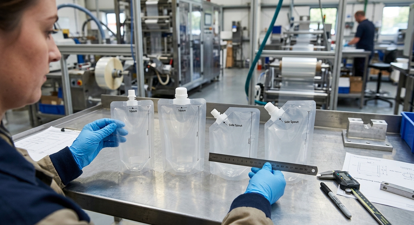 Reviewing spout pouch fitment samples and positions