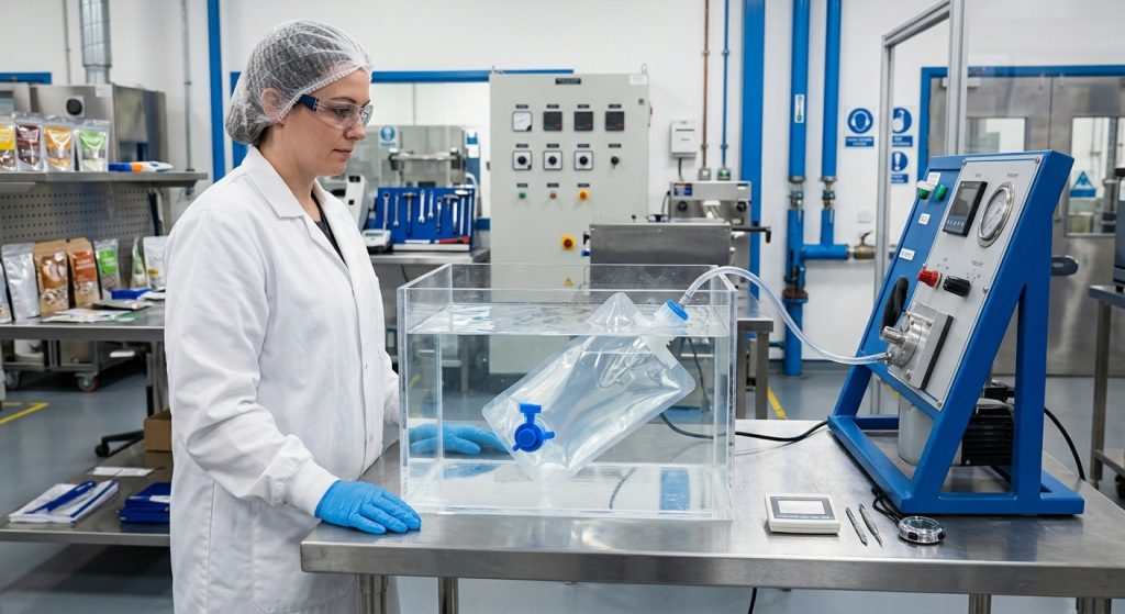 Filled spout pouch undergoing leak testing in a packaging quality laboratory