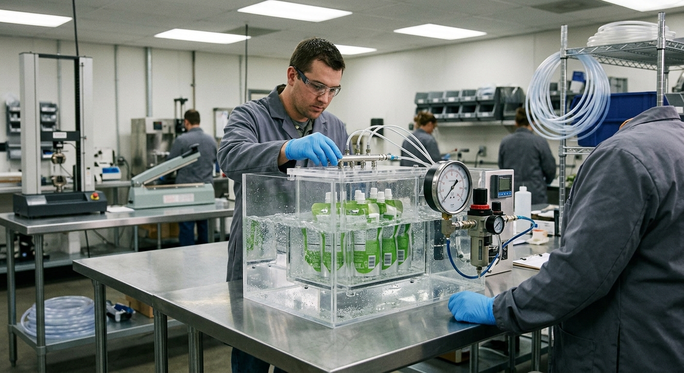Laboratory equipment used for spout pouch leak testing