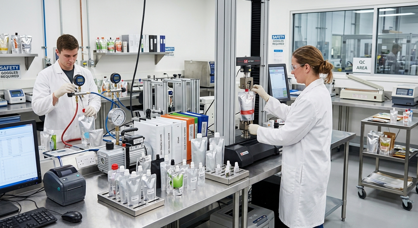 Packaging test instruments for spout pouch standards