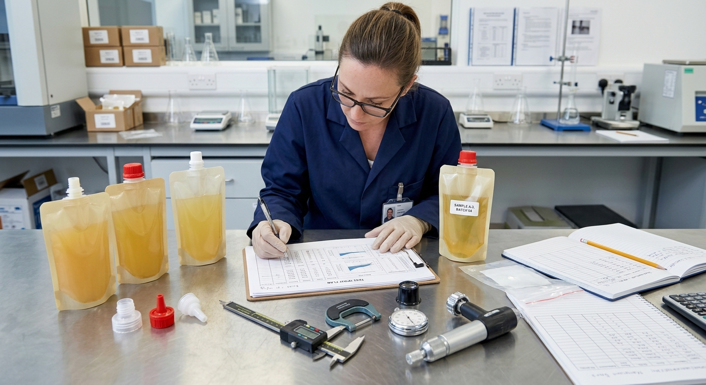 Packaging engineer preparing a spout pouch leak testing plan