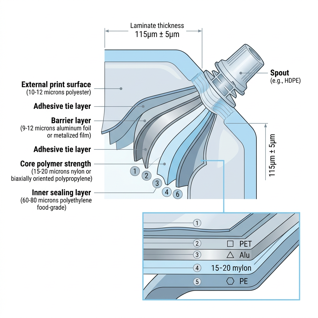 Cross-section of multilayer spout pouch laminate