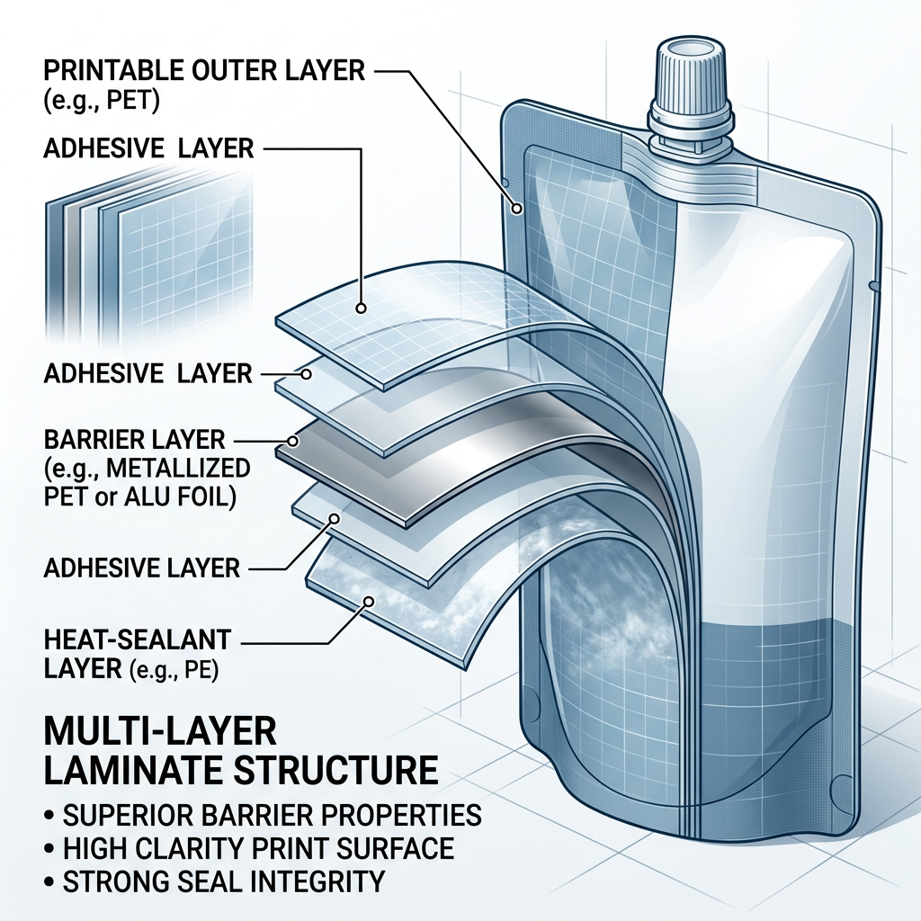 Layered flexible film structure used in spout pouch manufacturing