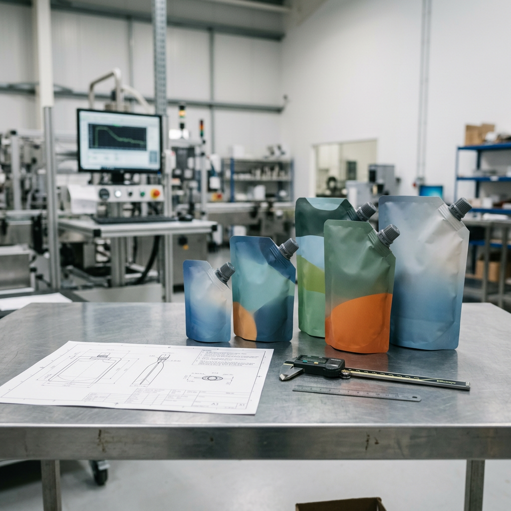 Custom stand-up spout pouches and technical specification materials used for an RFQ