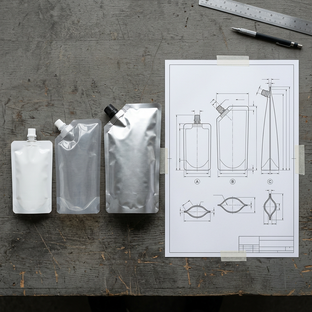 Spout pouch formats shown with a dimensional specification drawing