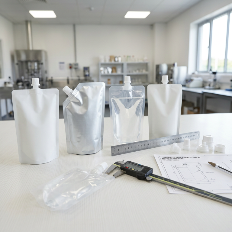 Custom spout pouch samples with fitments, drawing, and measuring tools prepared for design approval