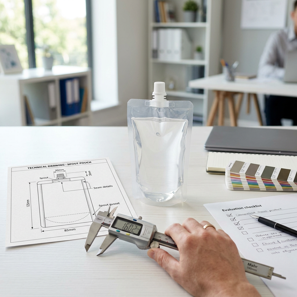 Spout pouch sample and technical approval materials on a quality-control desk